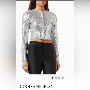 Good American Silver Sequin Crop Cardigan